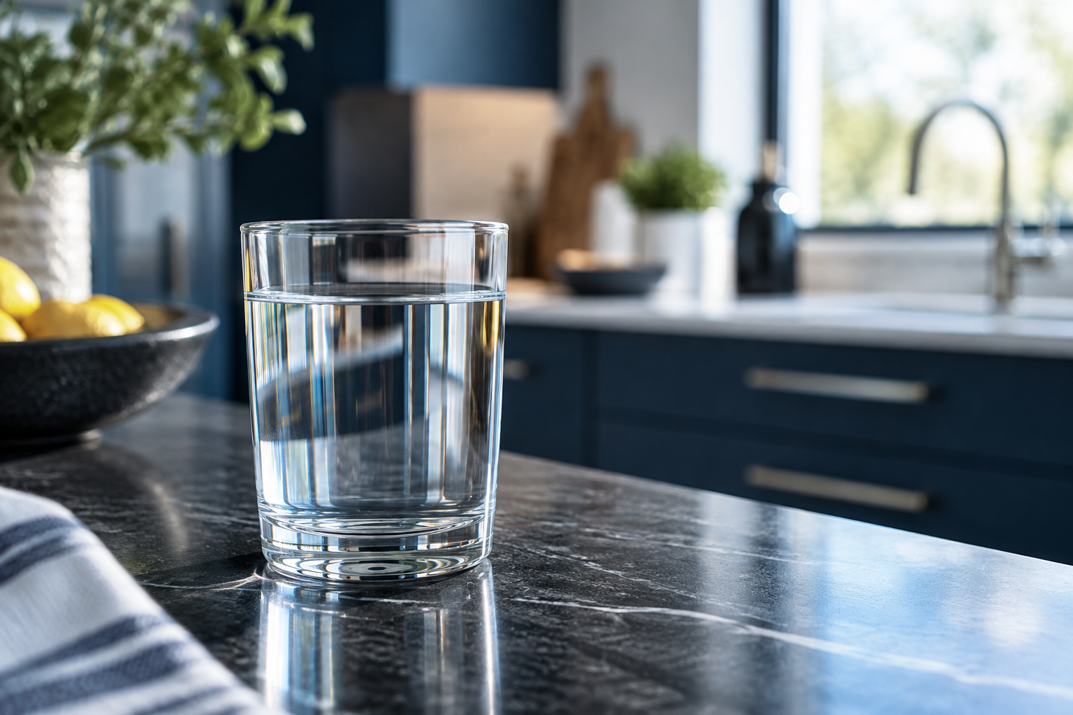 A clear glass of water on a sunlit kitchen counter